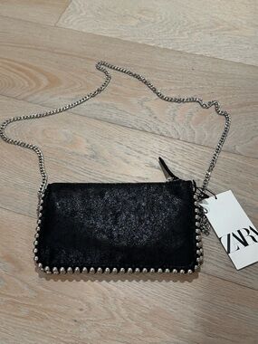 ZARA Black Crossbody Bag with Silver Bead Trim